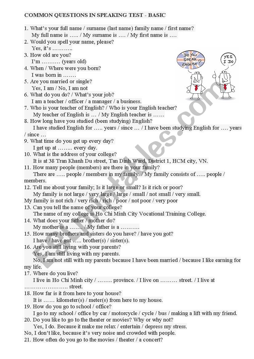 Common questions in speaking test
