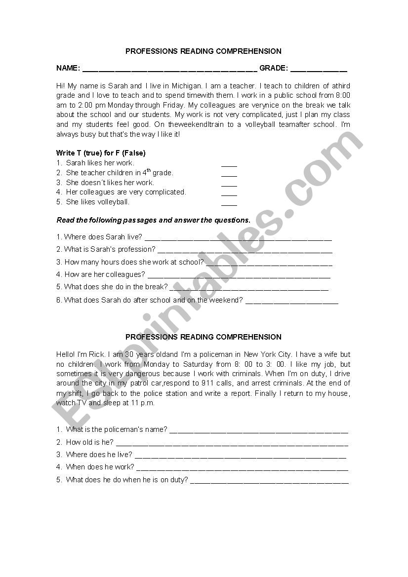 PROFESSIONS worksheet