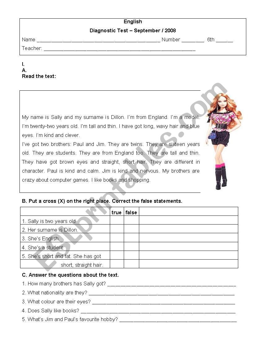 Diagnostic test 6th grade worksheet