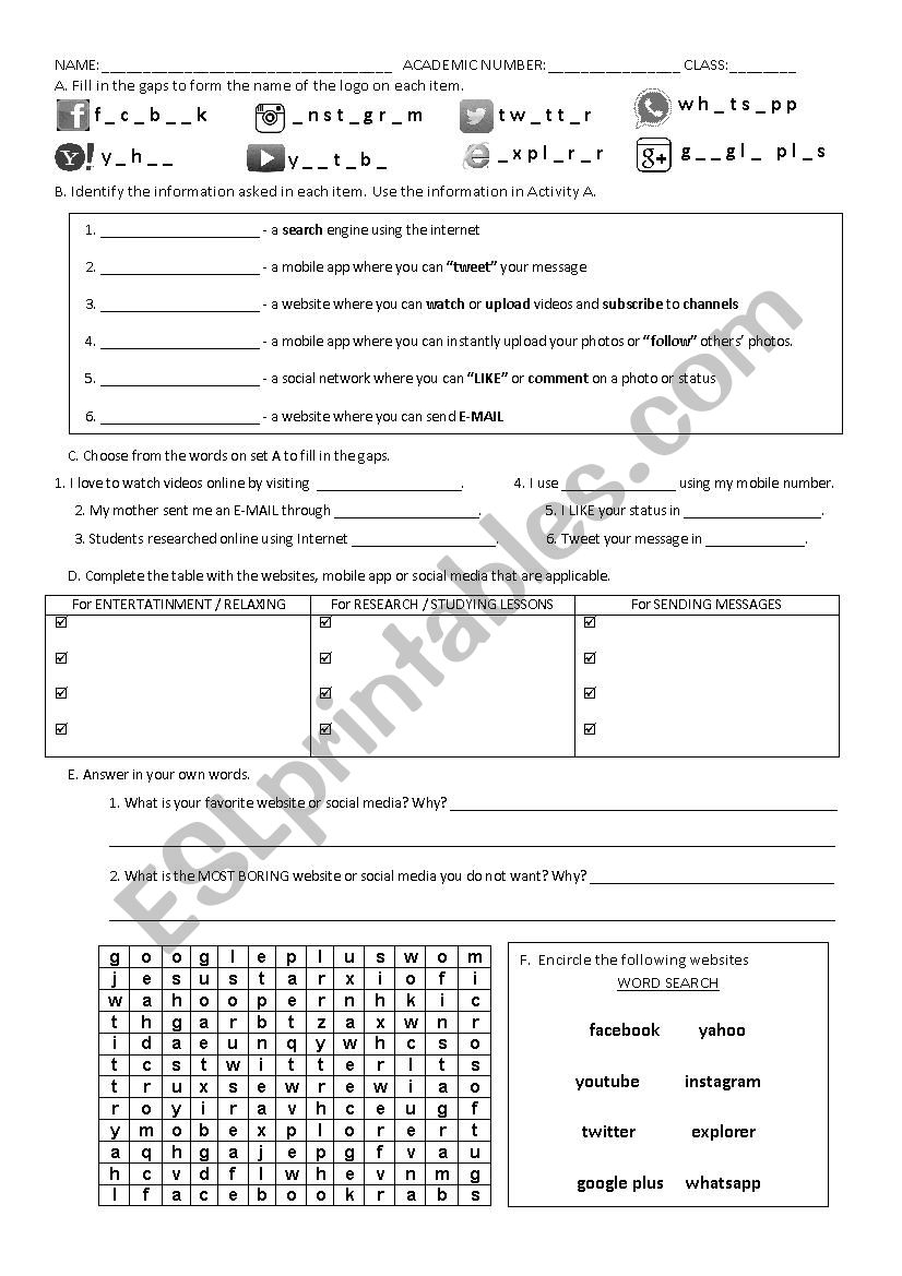 SOCIAL MEDIA FOR LEARNING worksheet