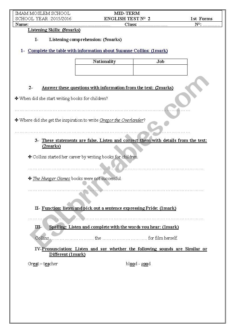 exam 1st form worksheet