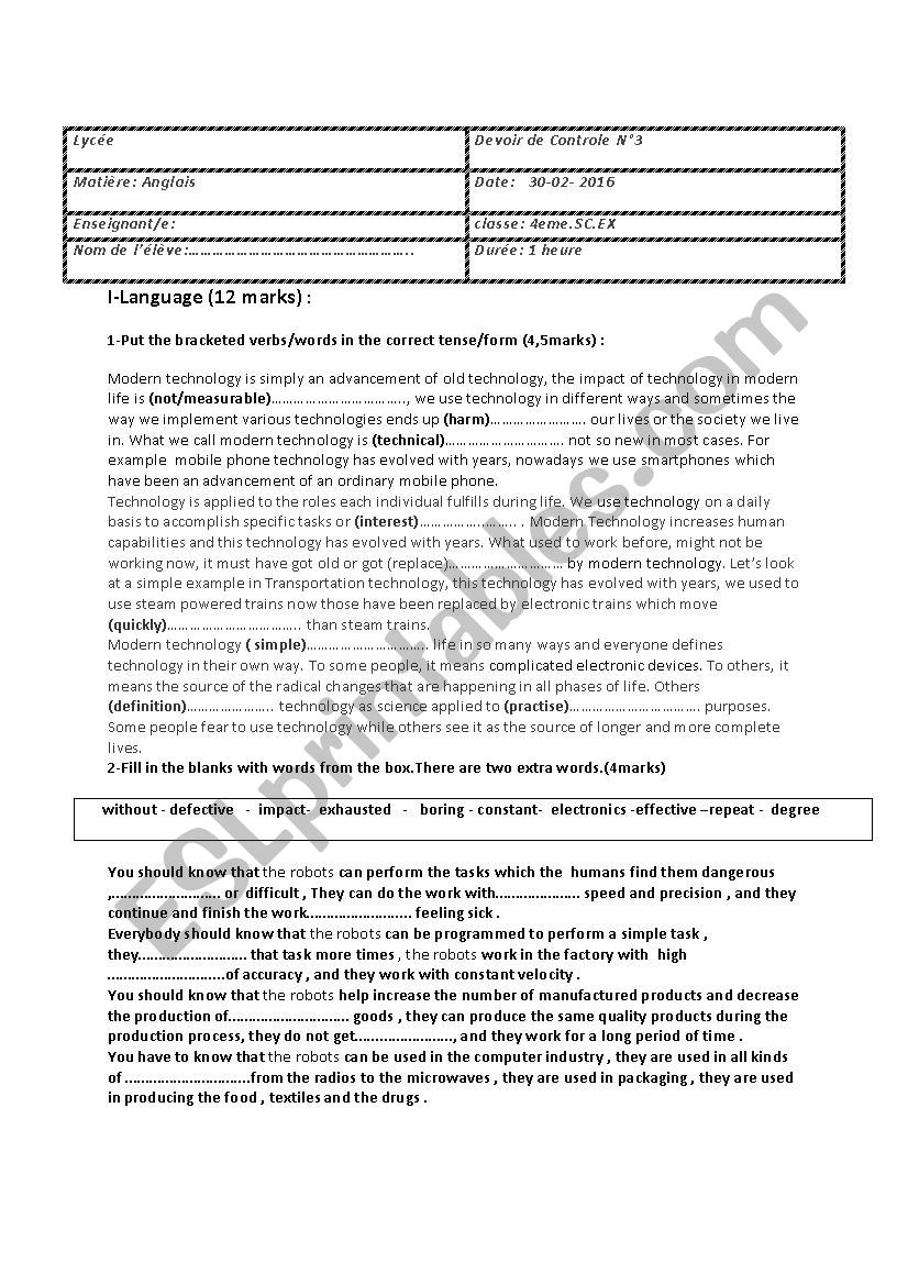 mid-term test 3 for Tunisian Bac Students