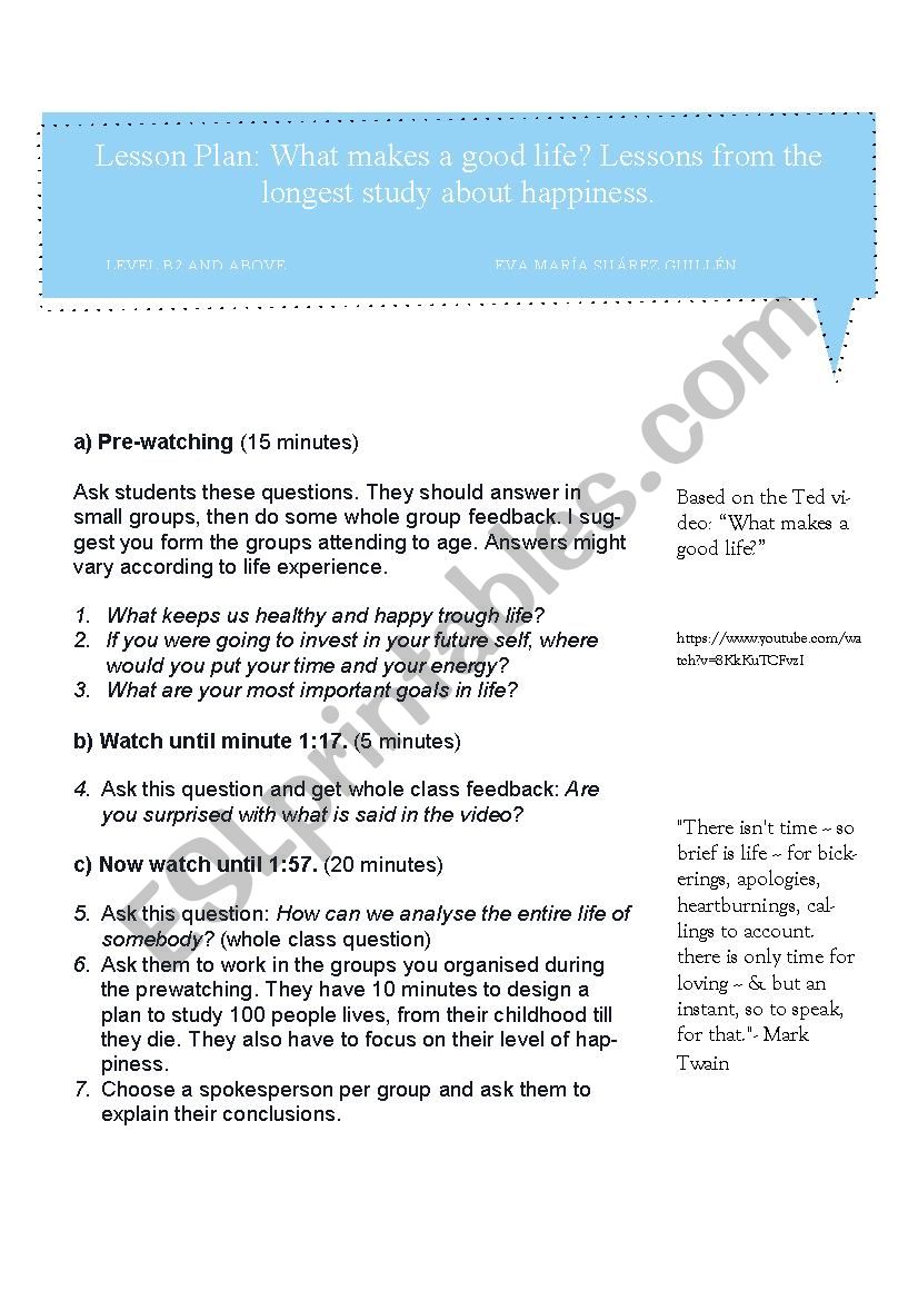 What makes a good life? worksheet