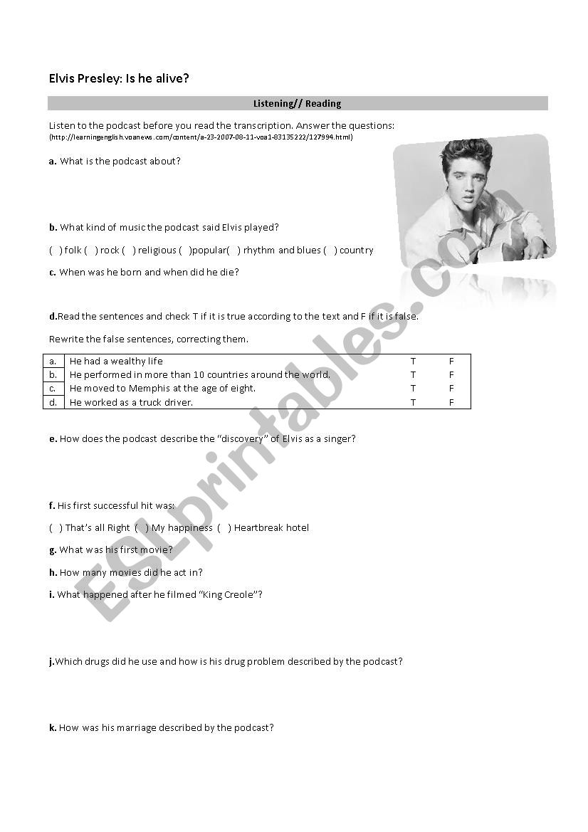 Elvis Presley - Part 1 worksheet