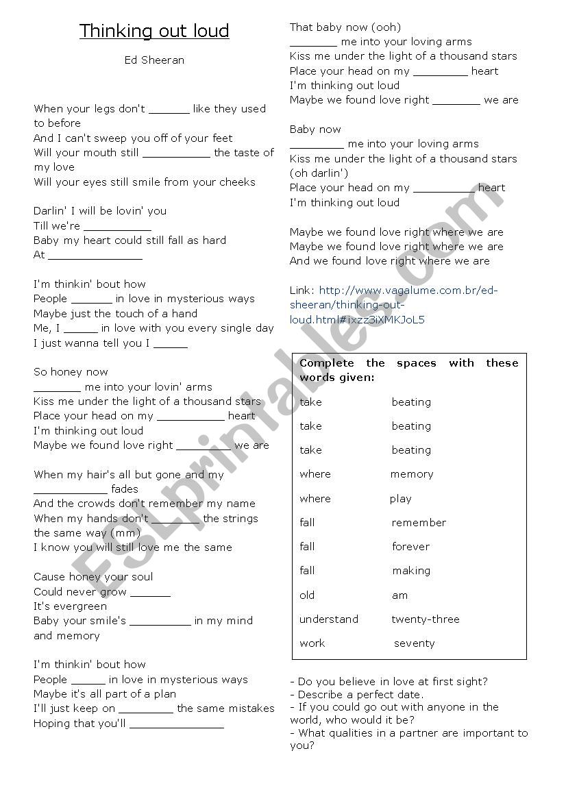 Thinking out loud worksheet