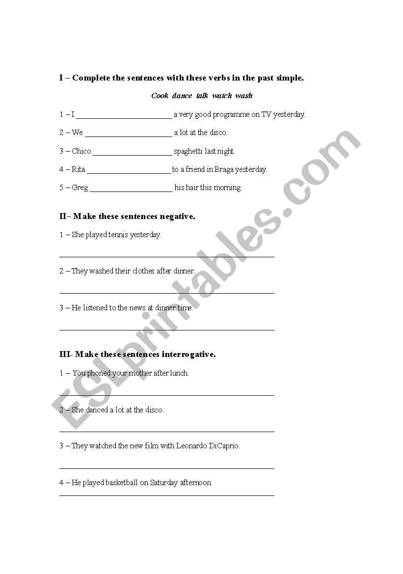 Past Simple Worksheet worksheet