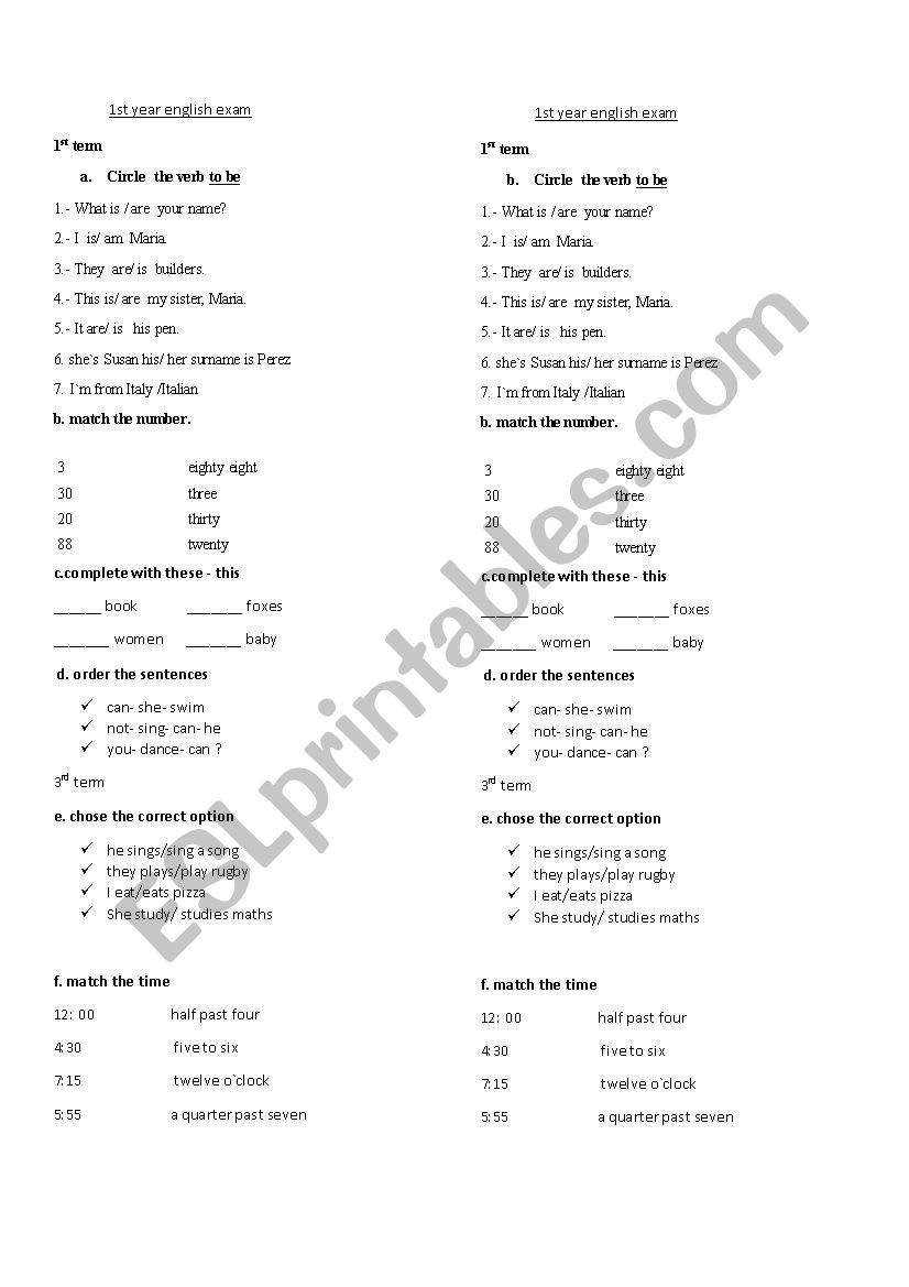 1st year revision worksheet