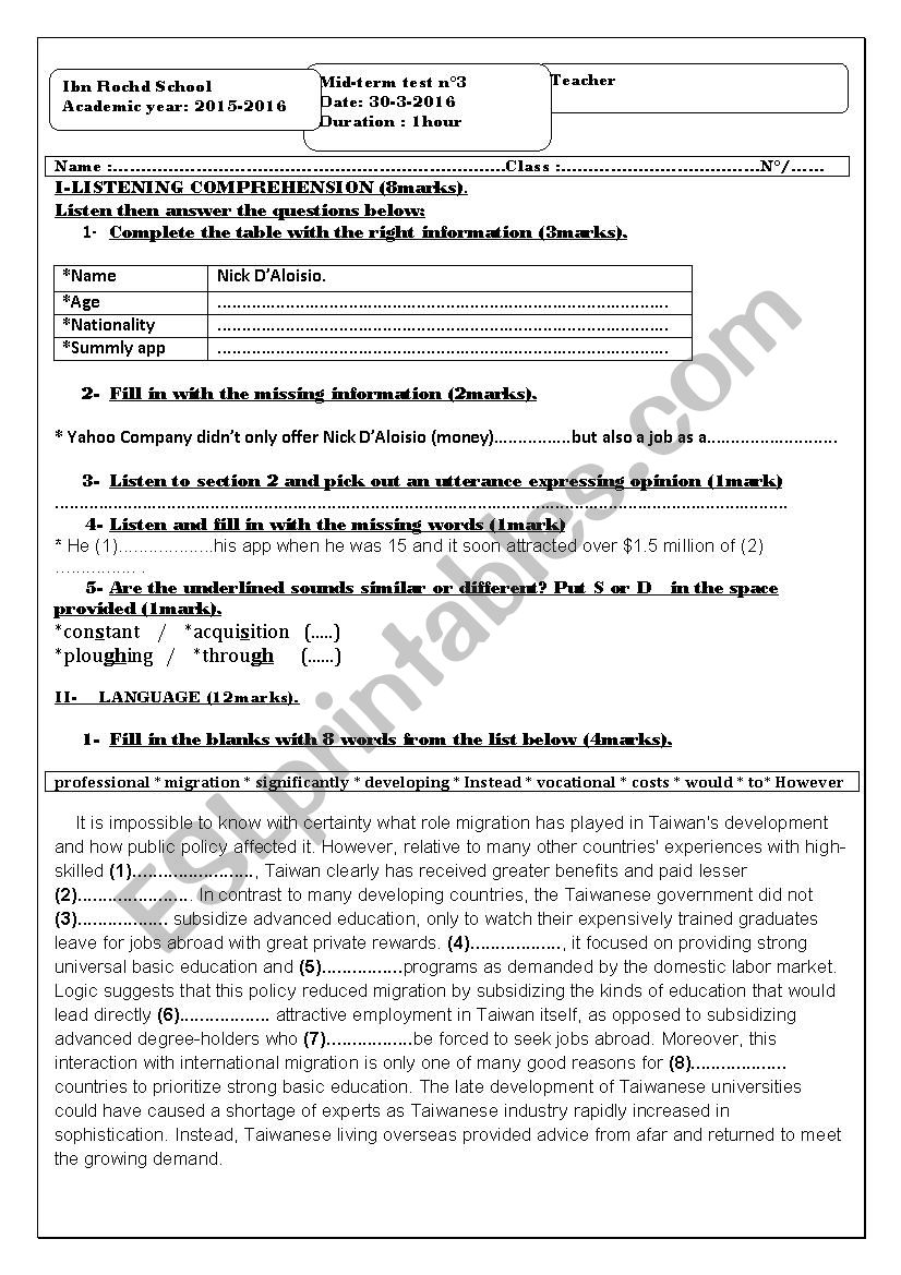 TEST 4 th form  worksheet