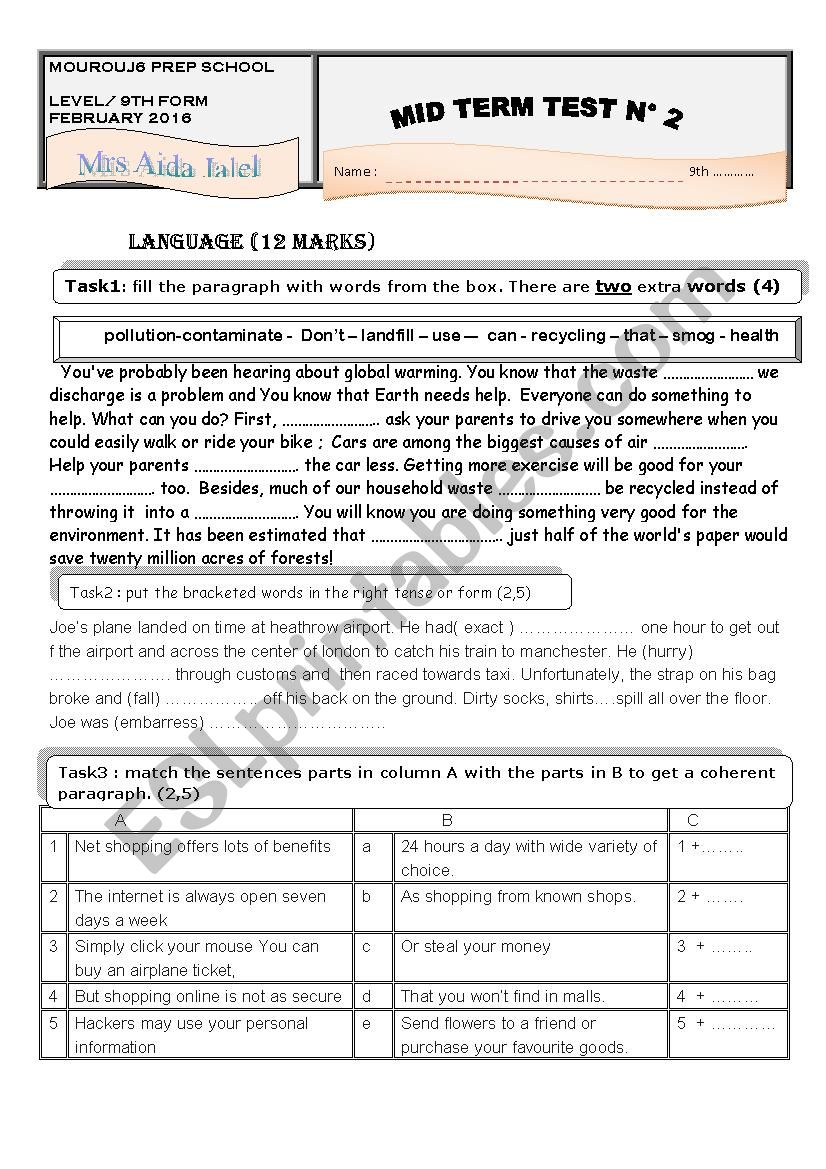 9th test worksheet