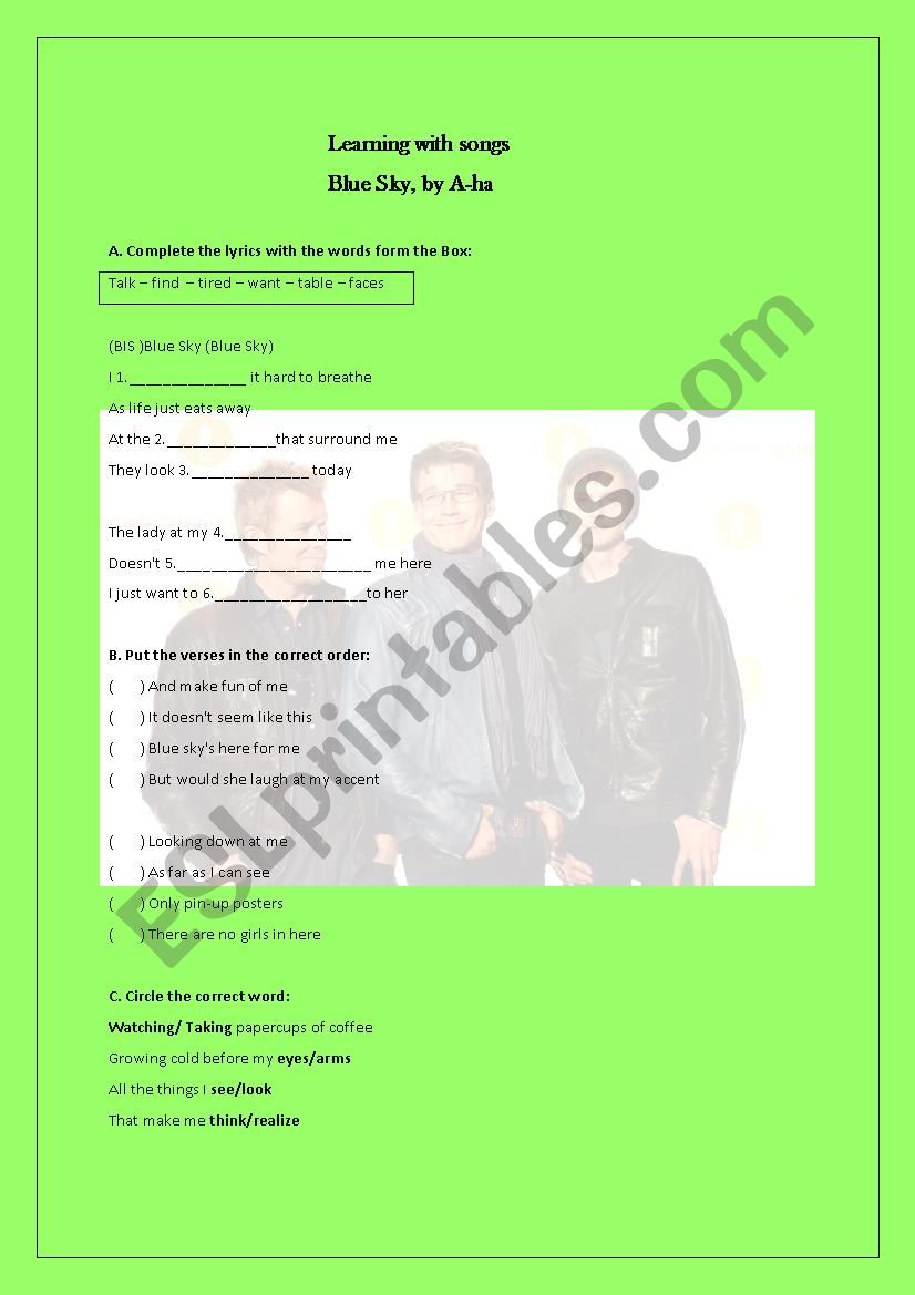 Blue sky by A-ha worksheet