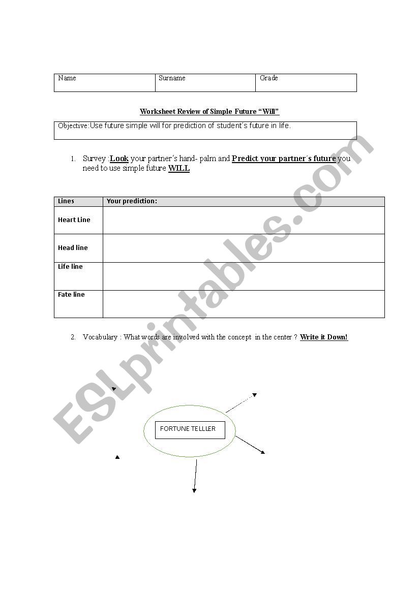 palm reading writting  worksheet