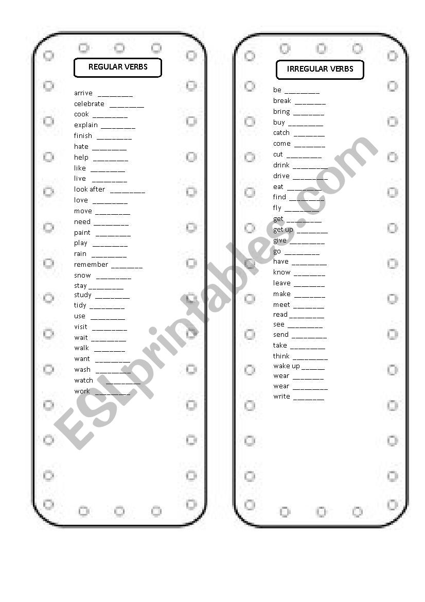 Regular and Irregular verbs - bookmark