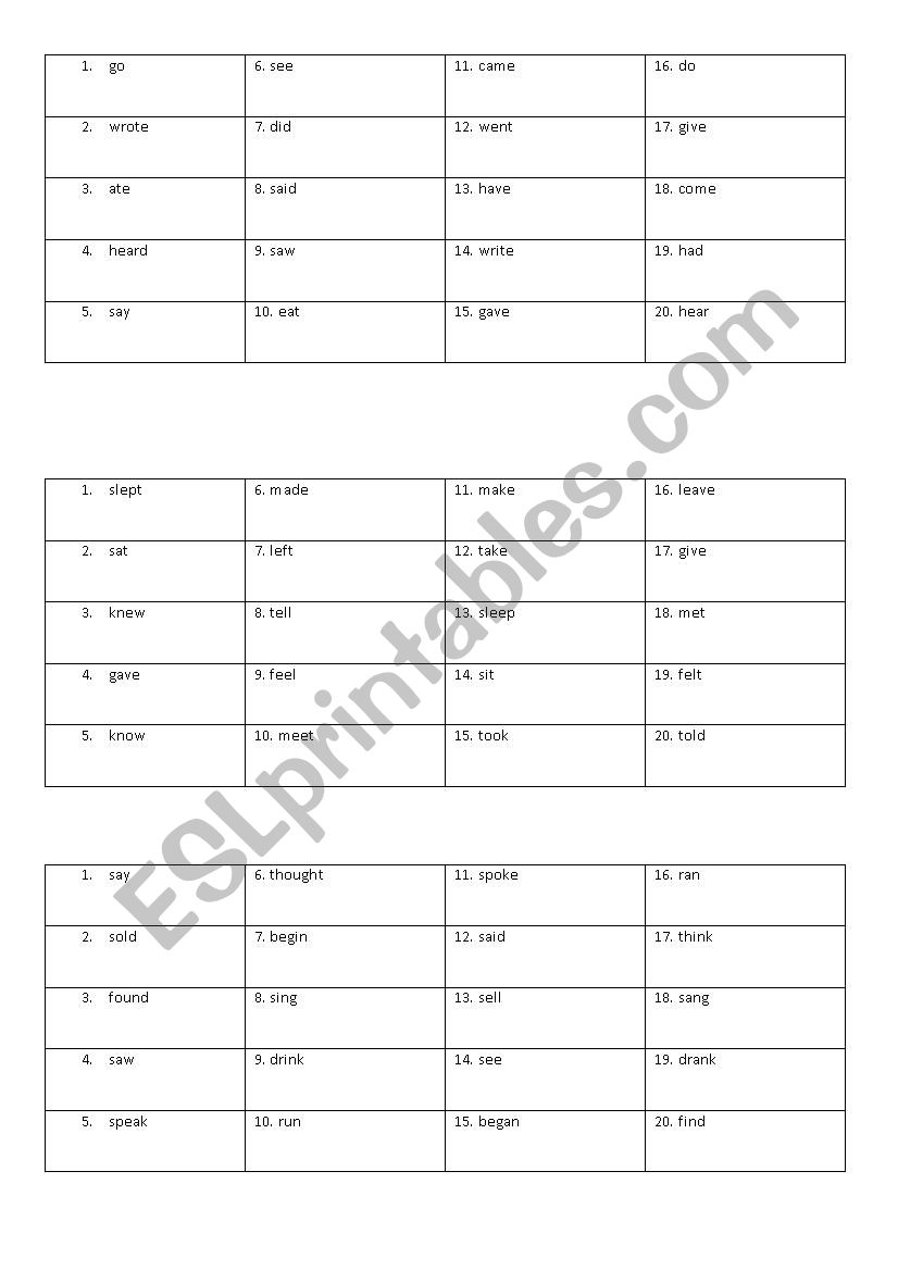 Irregular Verbs Memory Game worksheet