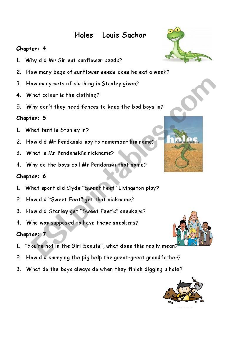 Questions to the book Holes worksheet