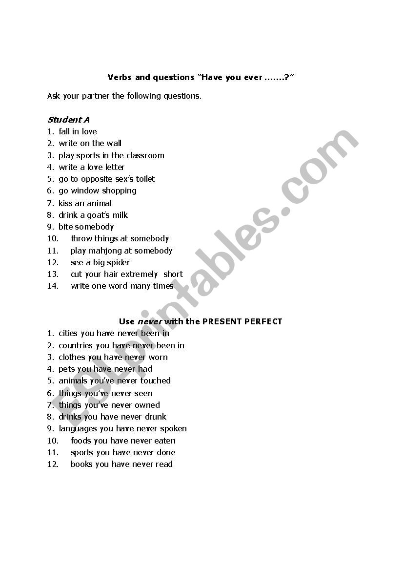 Present Perfect Speaking Exercise 