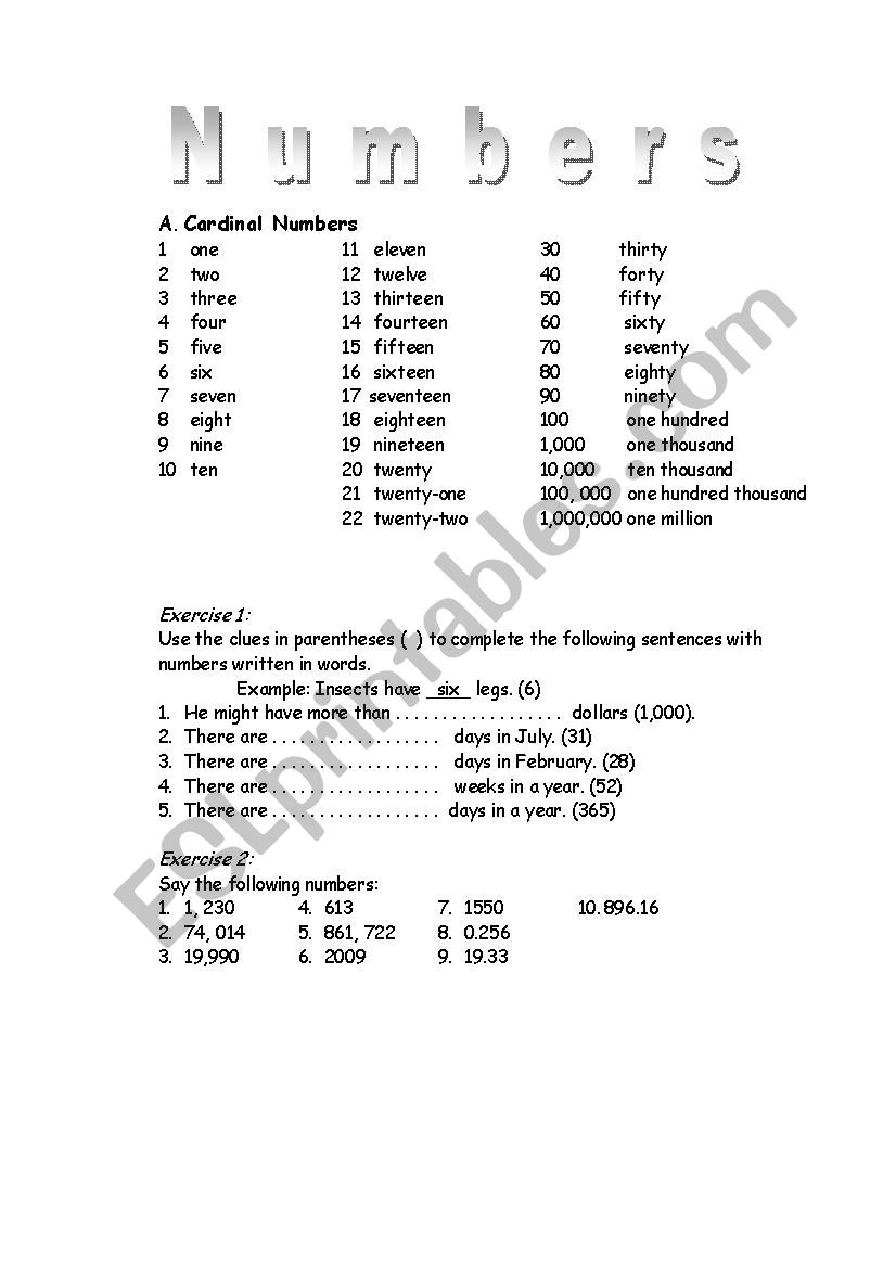 Numbers in English TEFL - Cardinal, Ordinal, Dates, Measurements,  Percentages, Fractions, Temperature - English numbersMy English Language