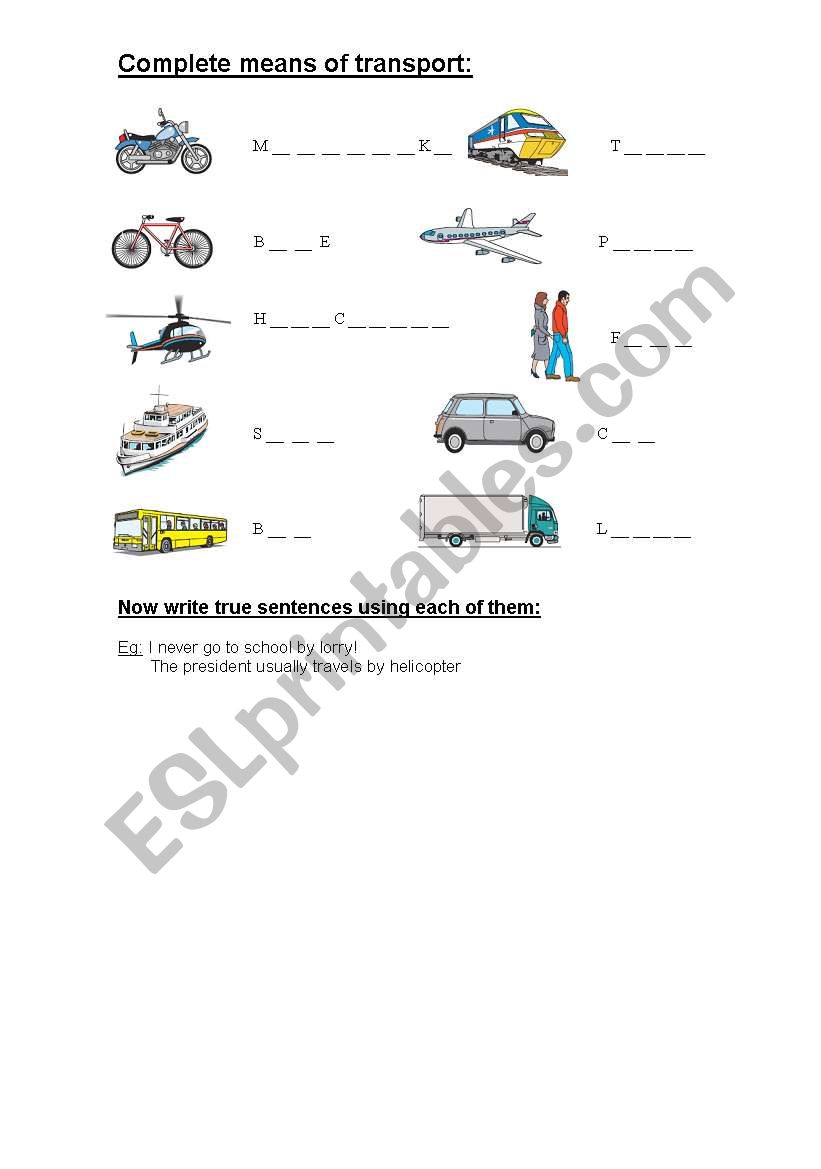 Means of transport worksheet