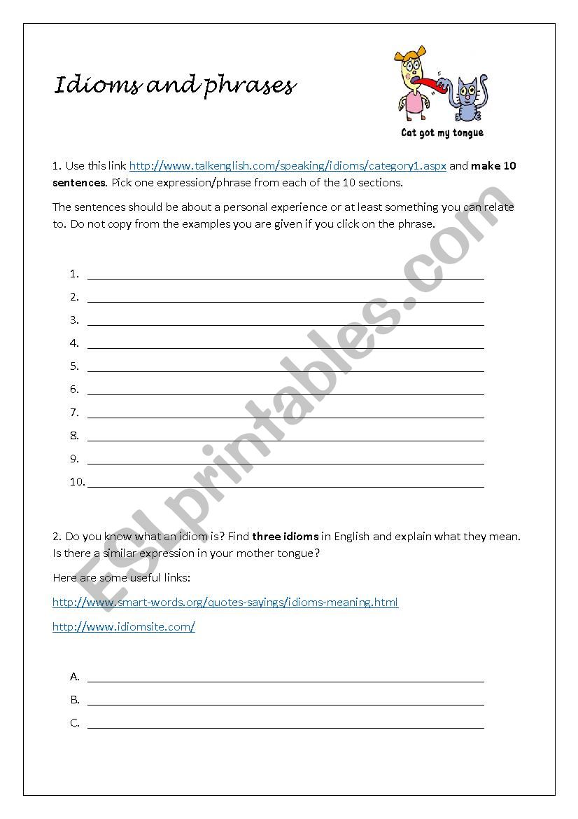 Idioms and phrases worksheet