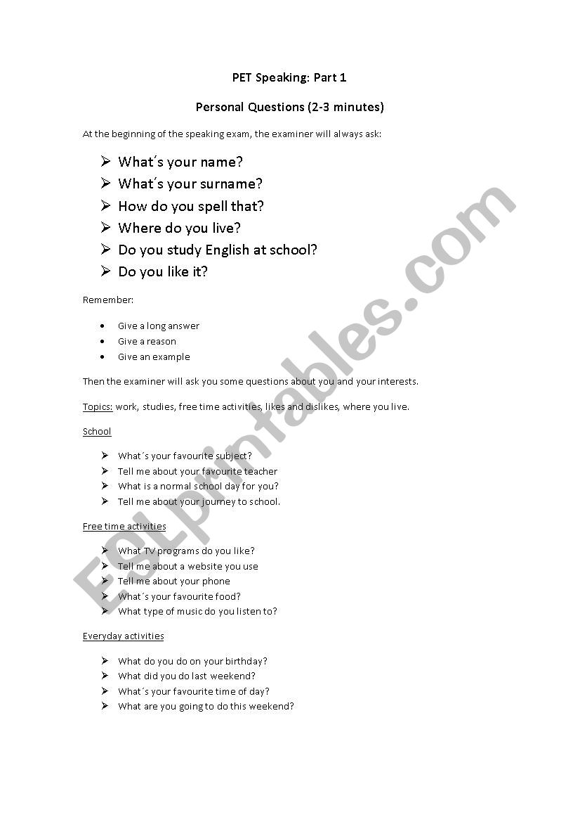 PET Speaking Part I worksheet