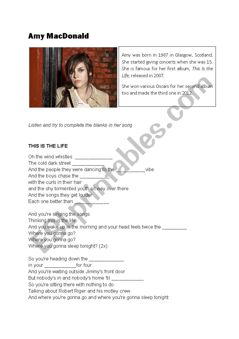 Amy McDonald This is the life worksheet