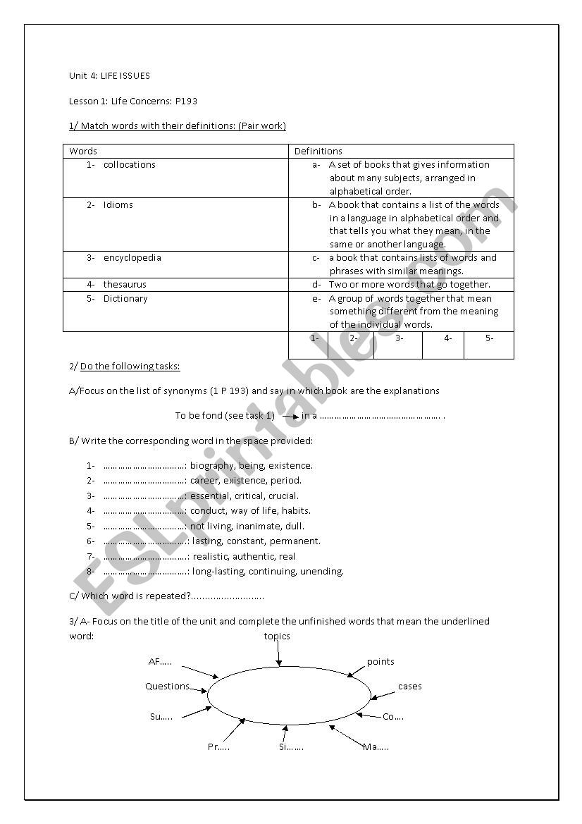 unit4 lesson1 Life Issues  worksheet