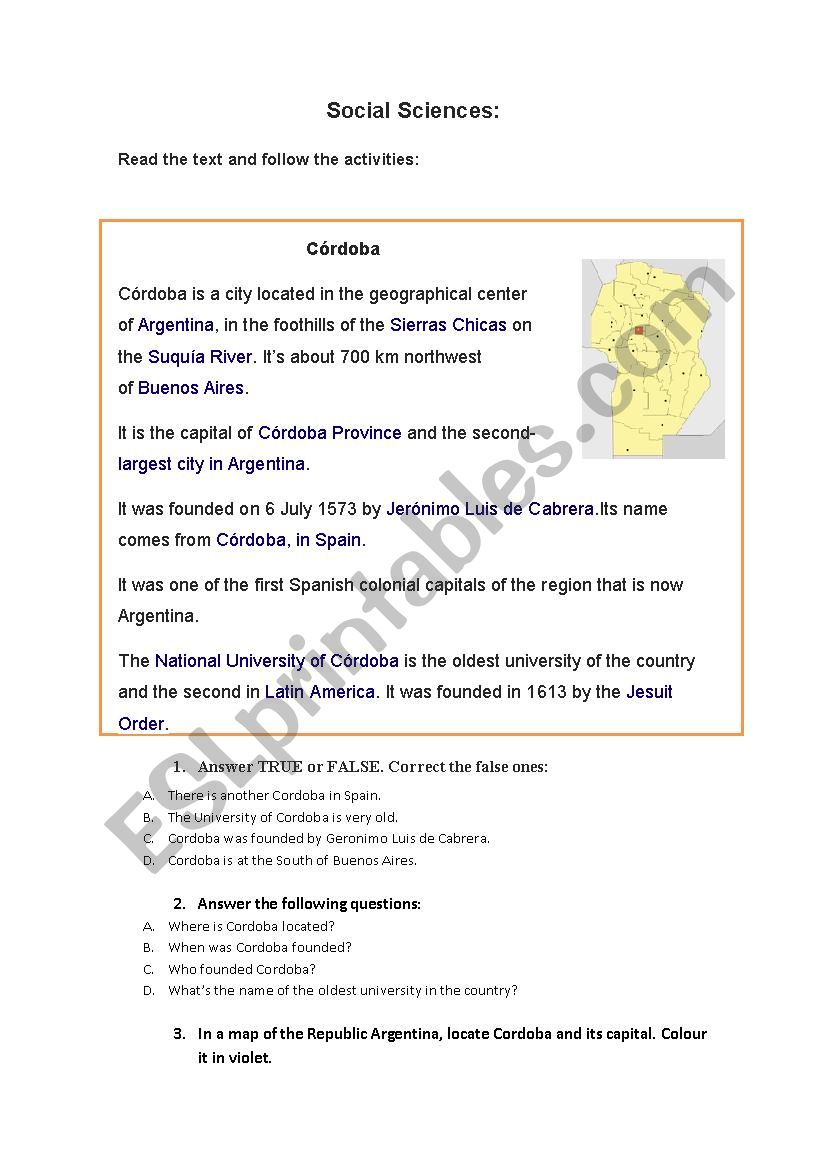 Cordoba Worksheet. Social Sciences for Argentinian teachers