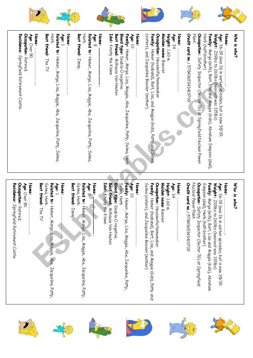 The Simpsons profile worksheet