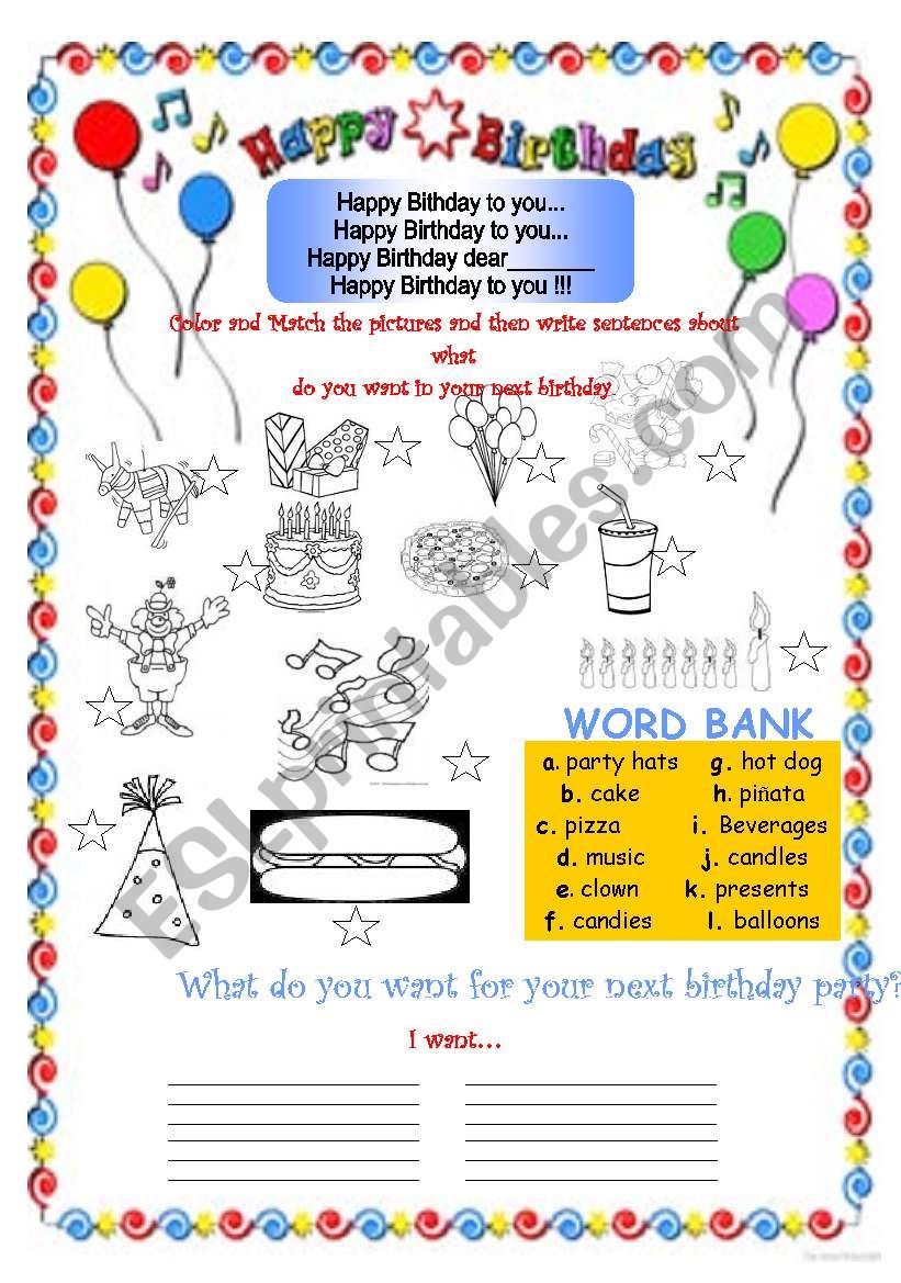 Birthday Party Activity - ESL worksheet by karen1980