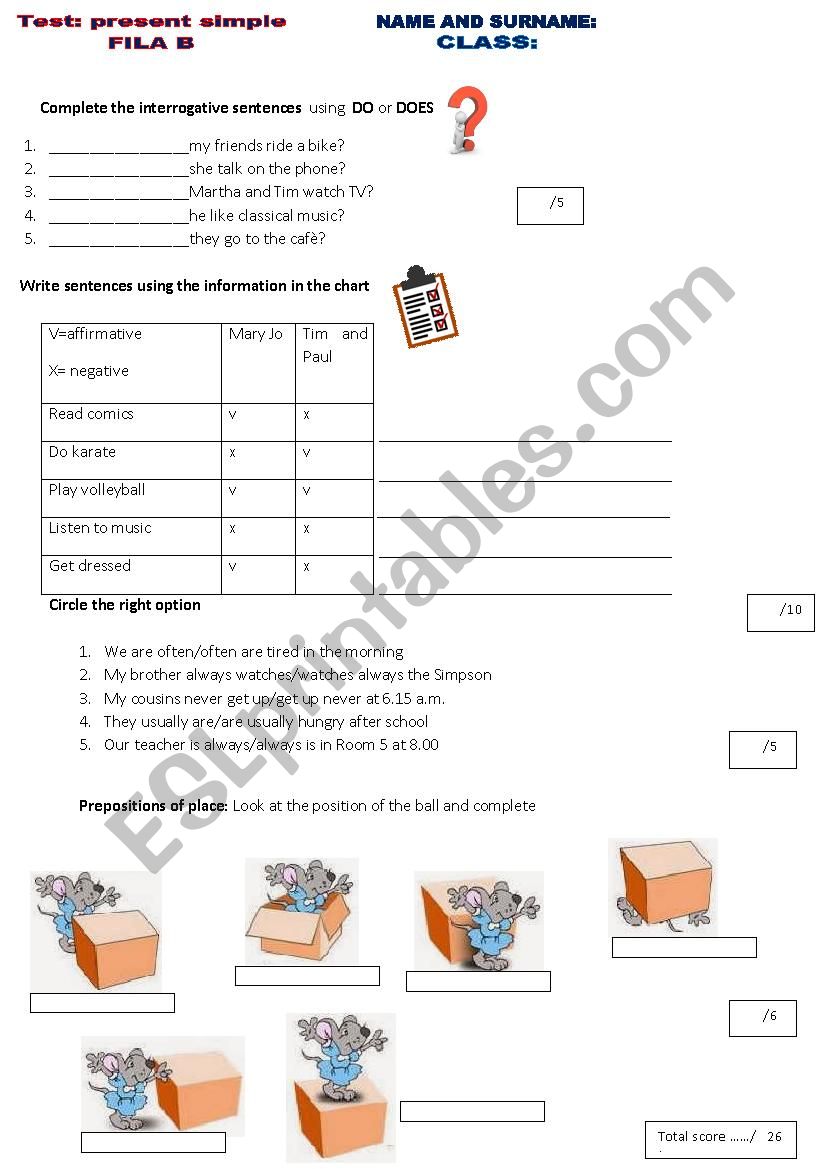 test: revision : present simple-frequency adverbs-prepositions of place