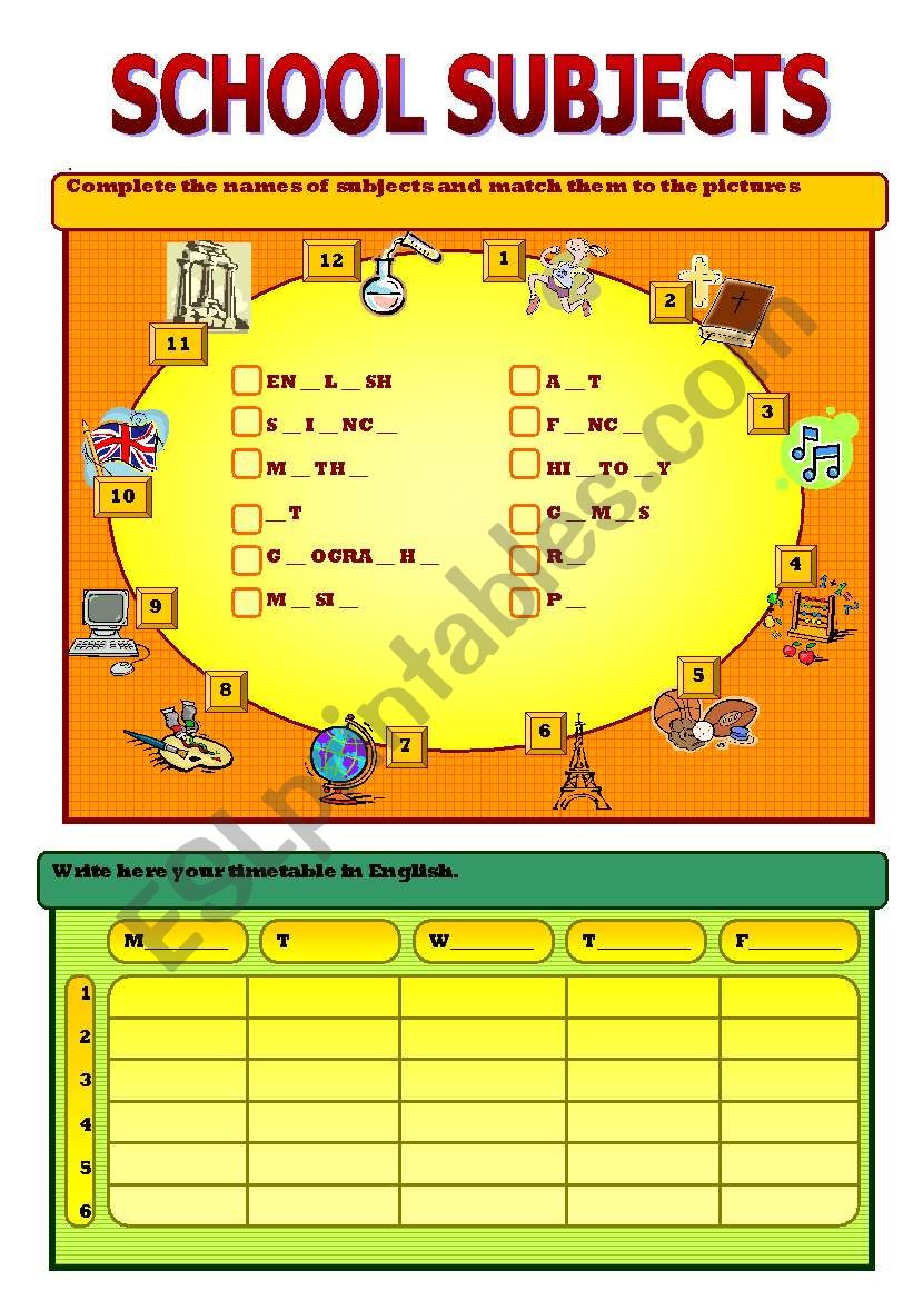 subjects worksheet