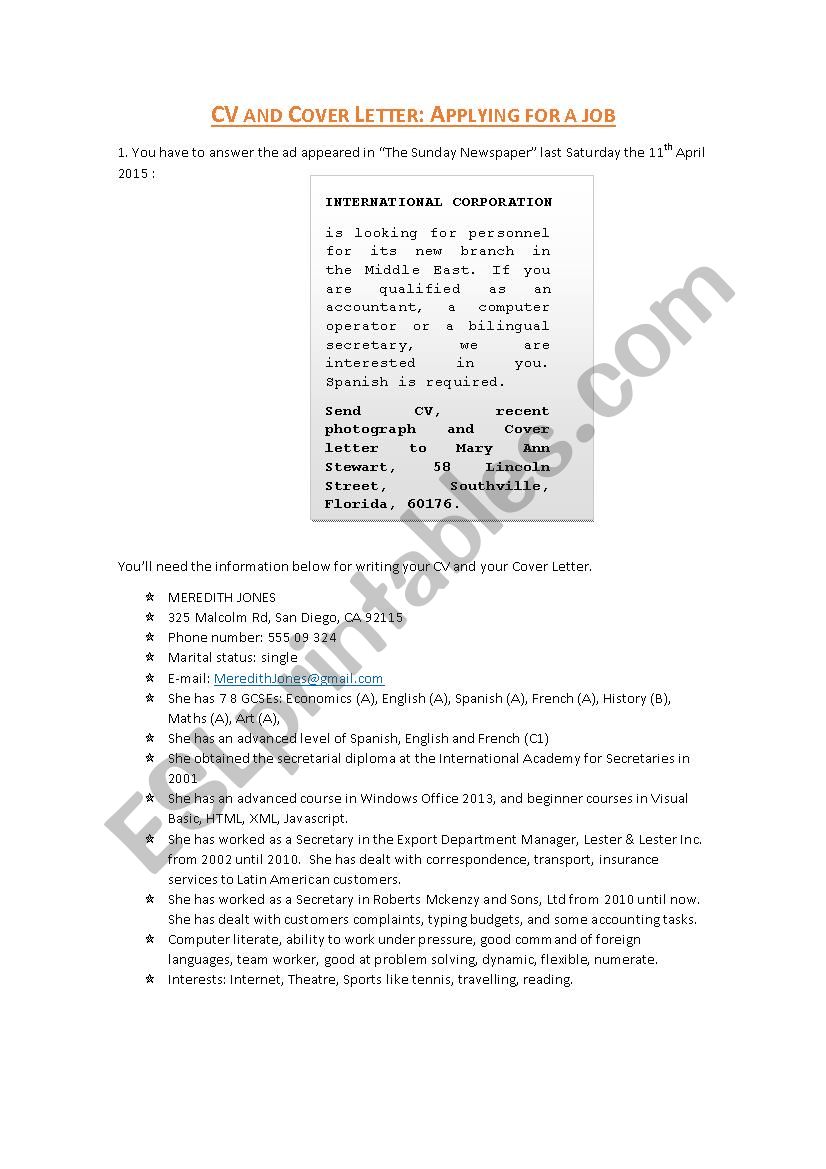 Cv and cover letter exercises worksheet