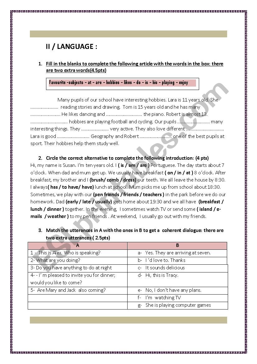 language test worksheet