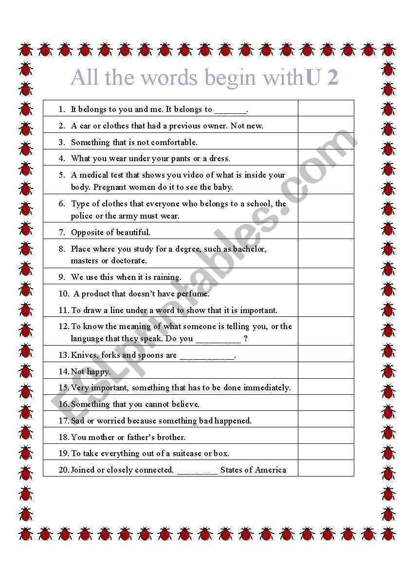 All words start with U 2 worksheet