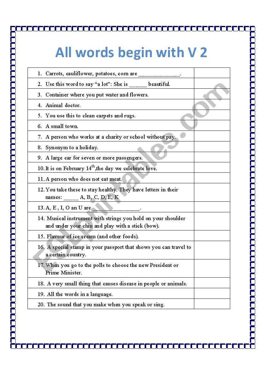 All words start with V 2 worksheet