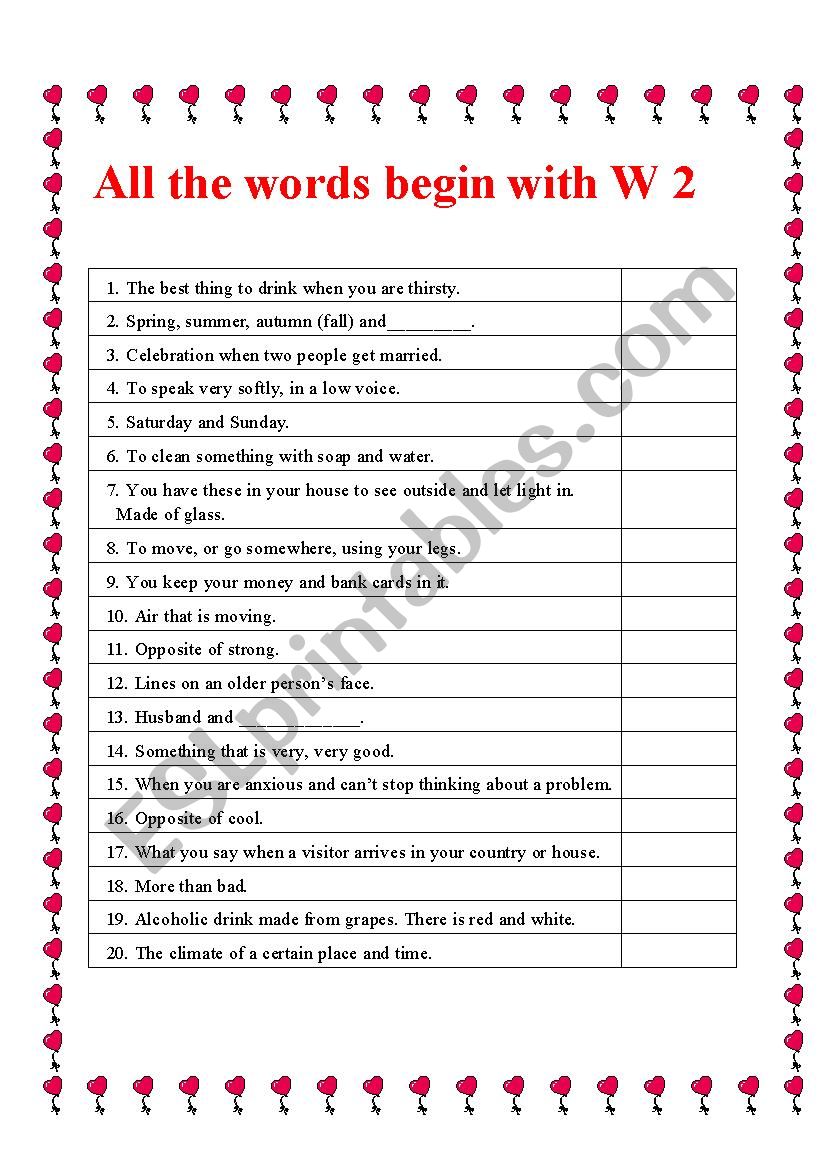 All the words start with W 2 worksheet