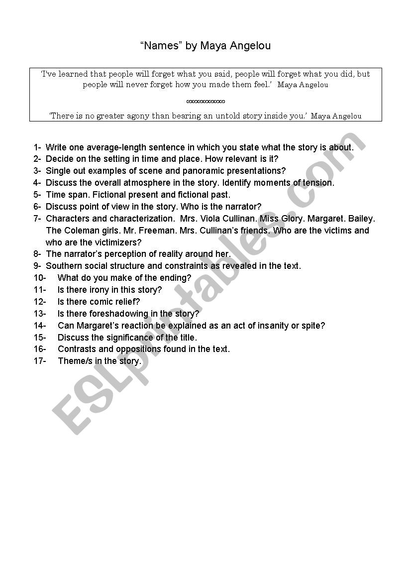 Names by Maya Angelou worksheet