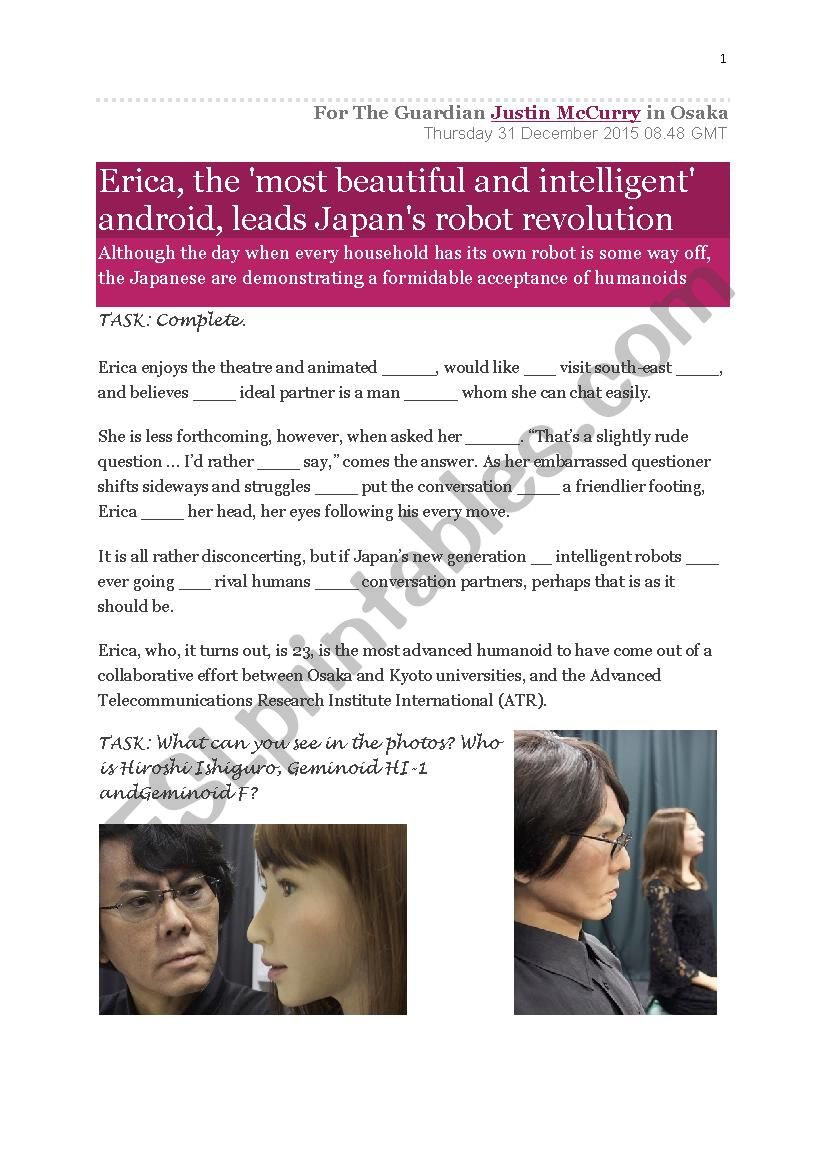 Follow-up activity on the science fiction TV series HUMANS (stylised as HUM∀NS, 2015) about Erica, the ´most beautiful and intelligent´ android from Japan.