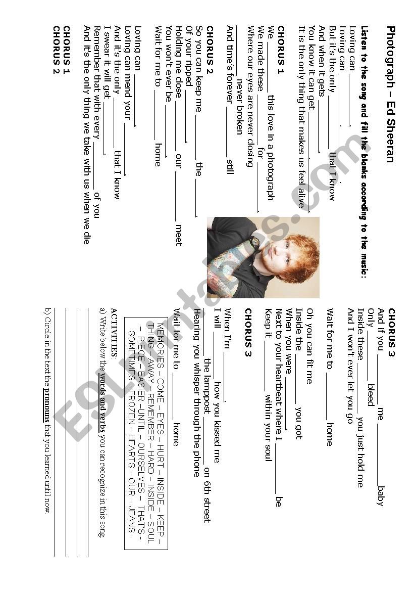 Photograph Ed Sheeran Missing Words Esl Worksheet By Noni88