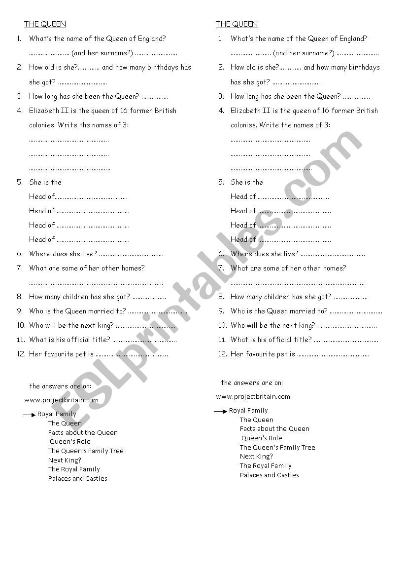 Queen Elisabeth II worksheet