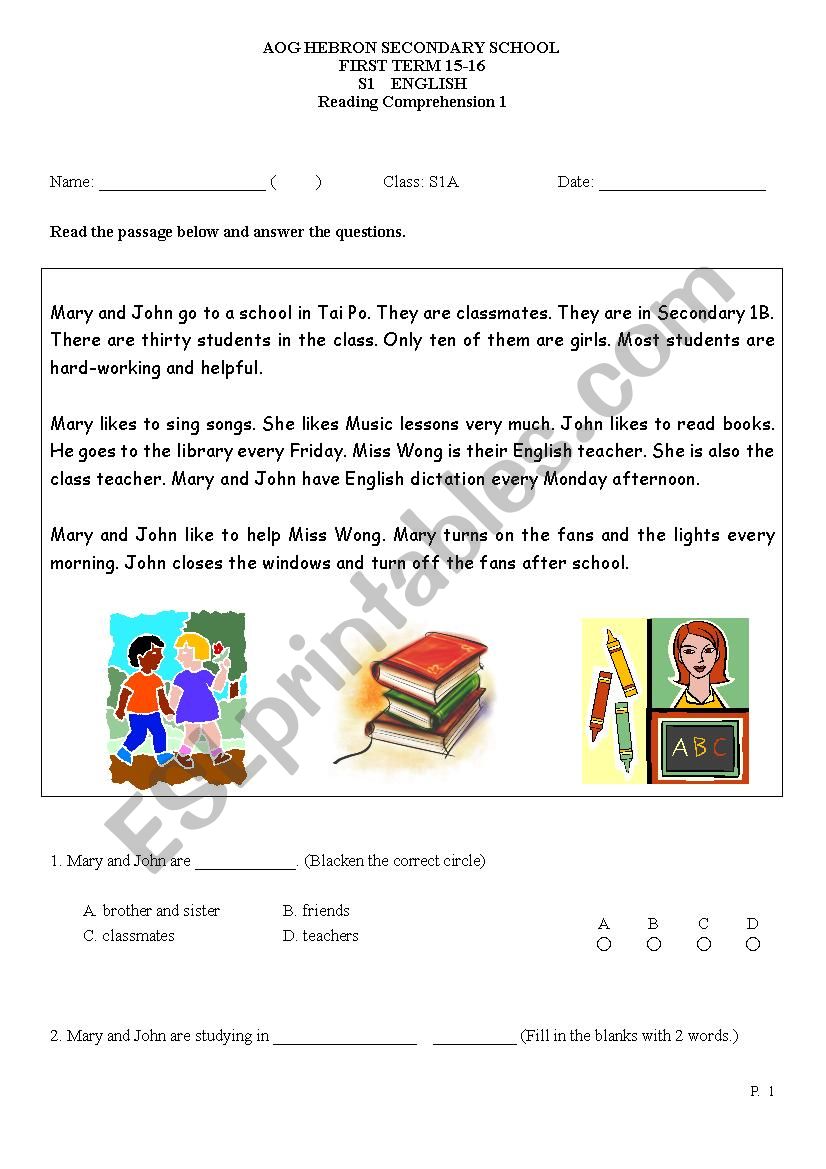 Reading comprehension worksheet