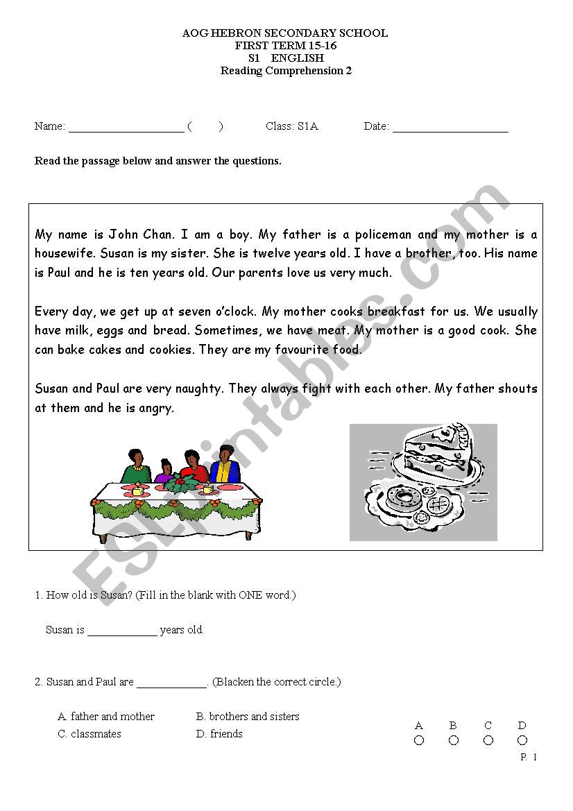 Reading comprehension worksheet