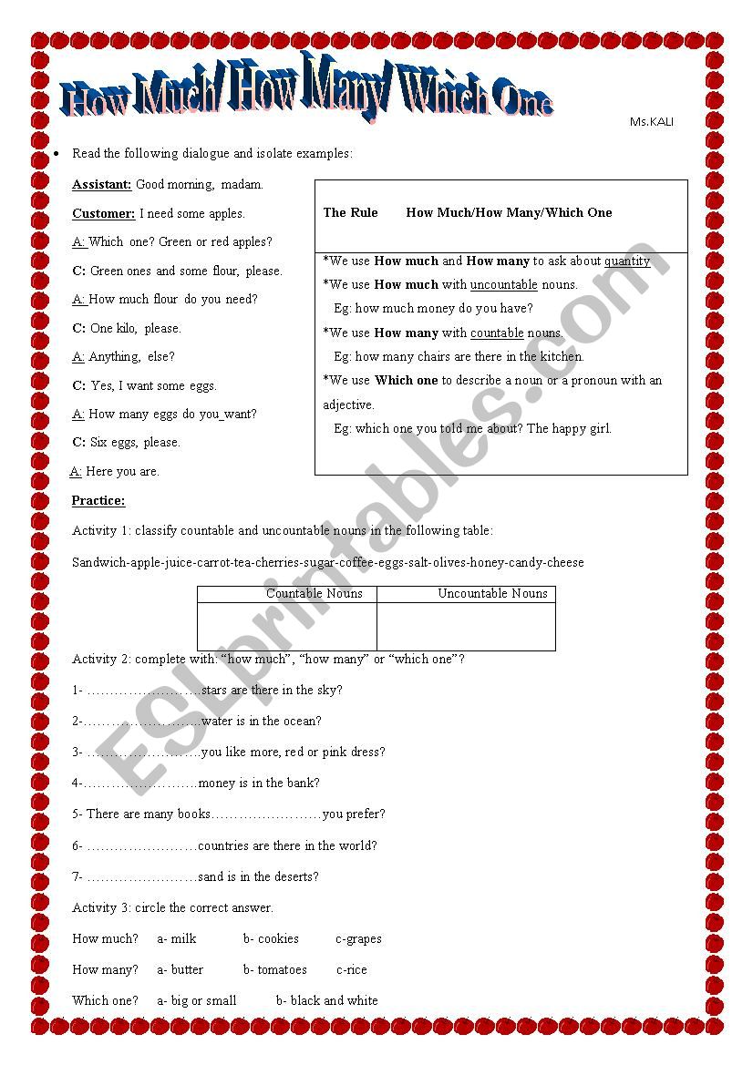 HOW MUCH/HOW MANY/WHICH ONE? worksheet