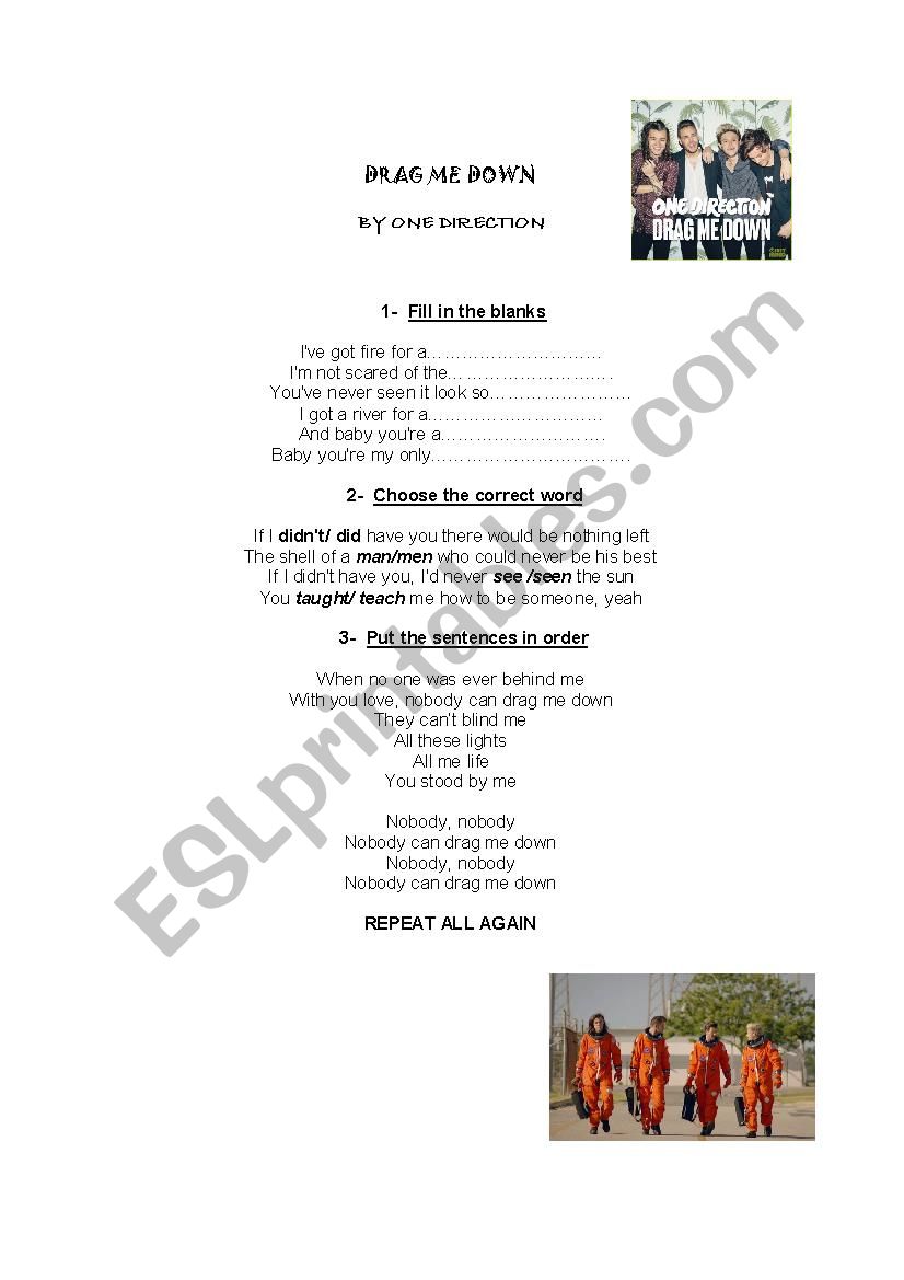 Drag me down by One Direction worksheet
