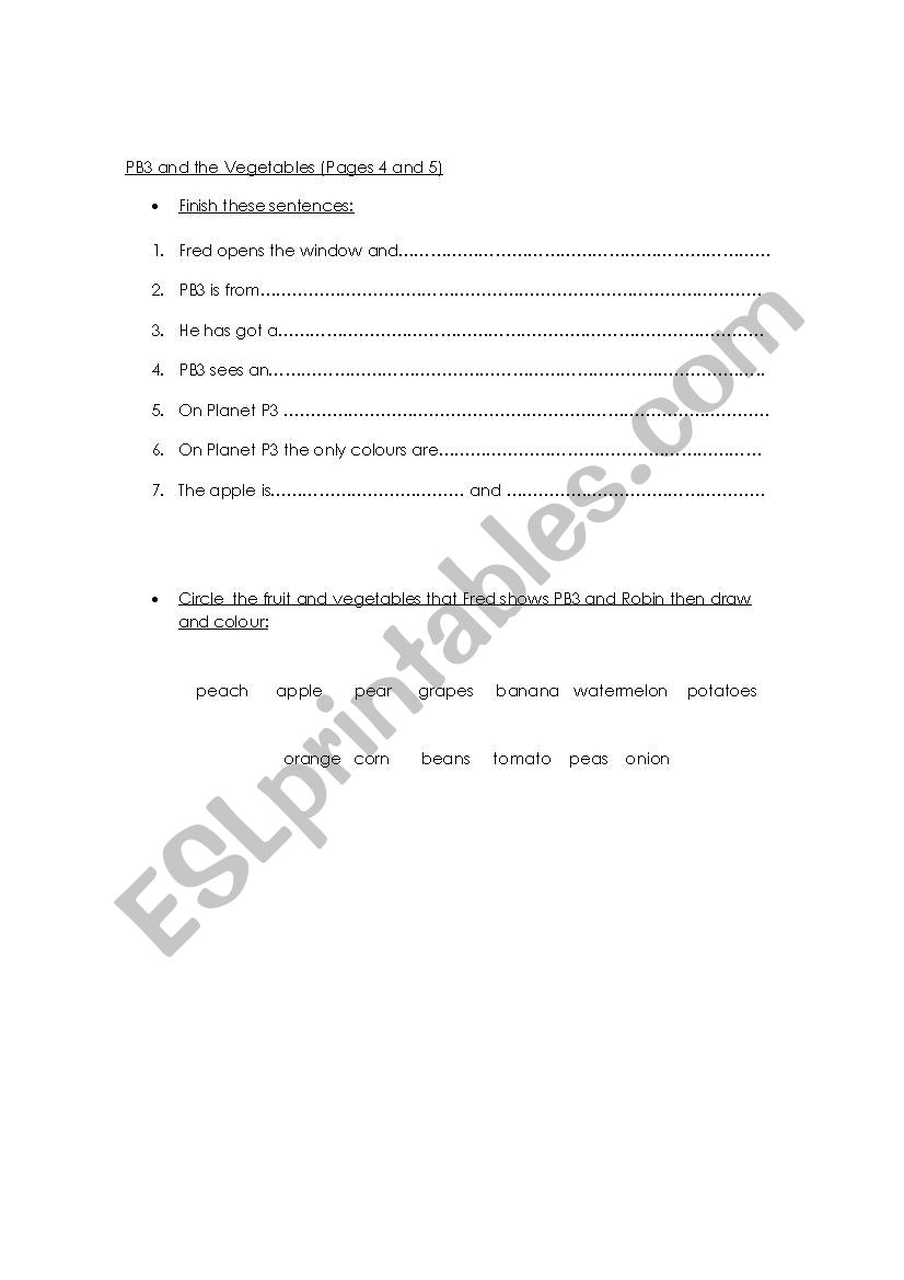 PB3 and the vegetables worksheet