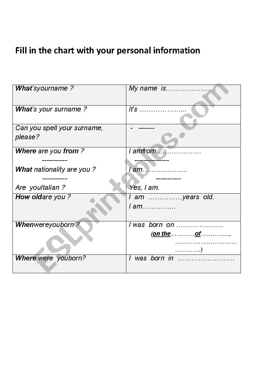 Giving Personal Information worksheet