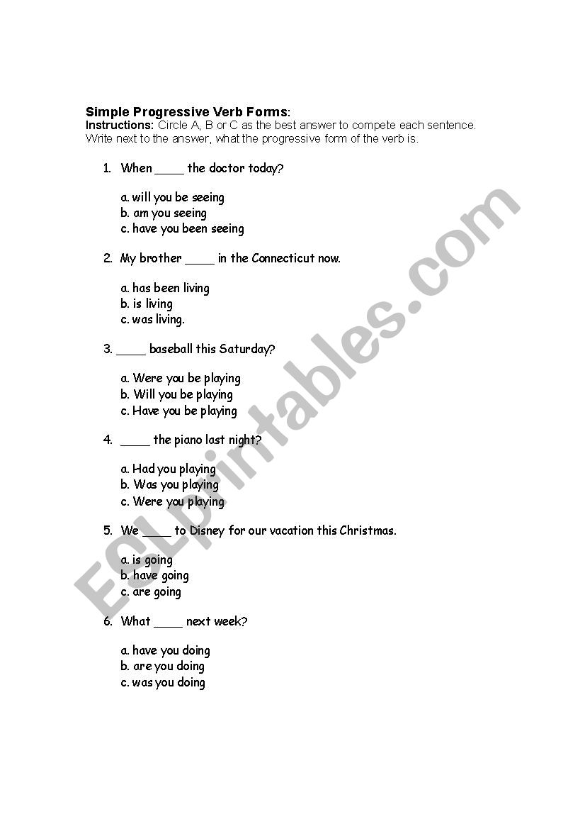 Simple Progressive Tenses Multiple-Choice 