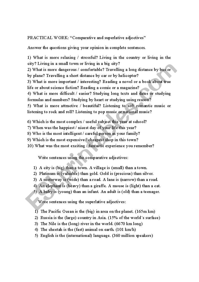 Comparatives and superlatives worksheet