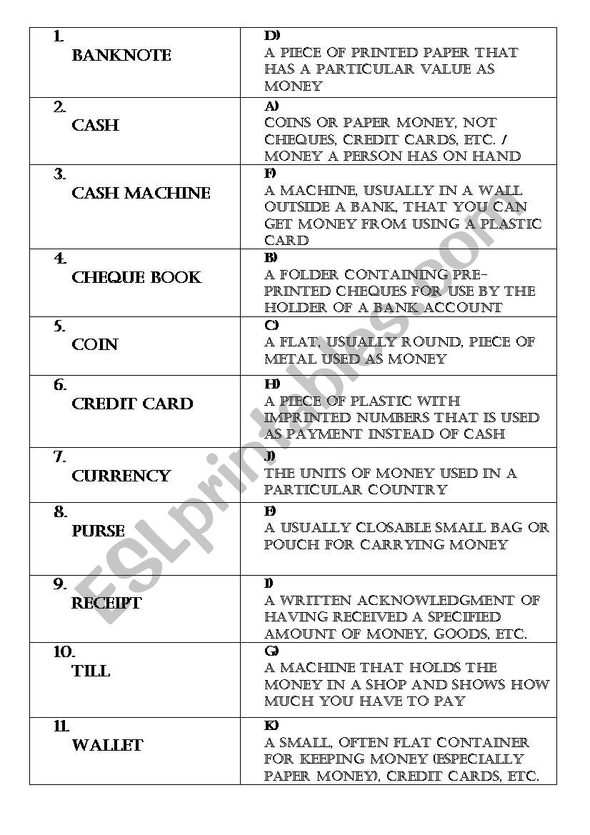 MONEY VOCABULARY GAME worksheet