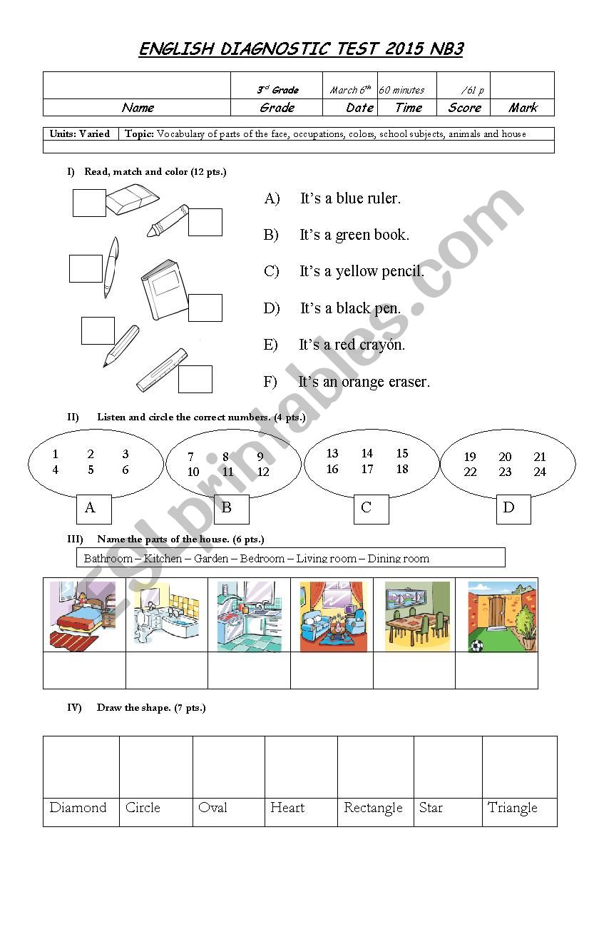 Diagnostic Test 3rd grade worksheet