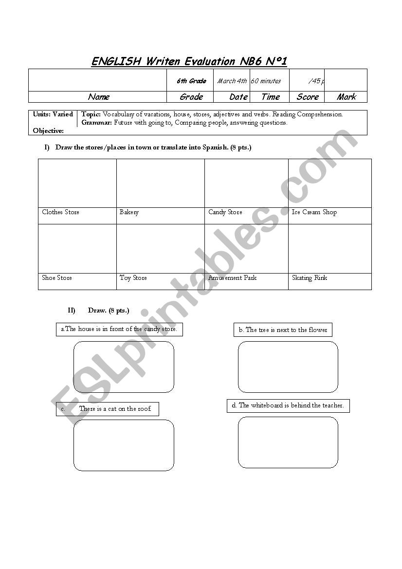 Diagnostic test 6th grade worksheet